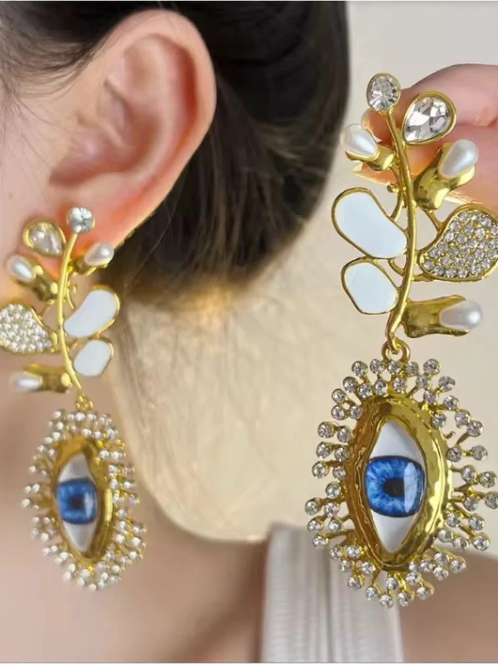 Schiaparelli inspired Gold Floral Drop Earrings with Iridescent Center